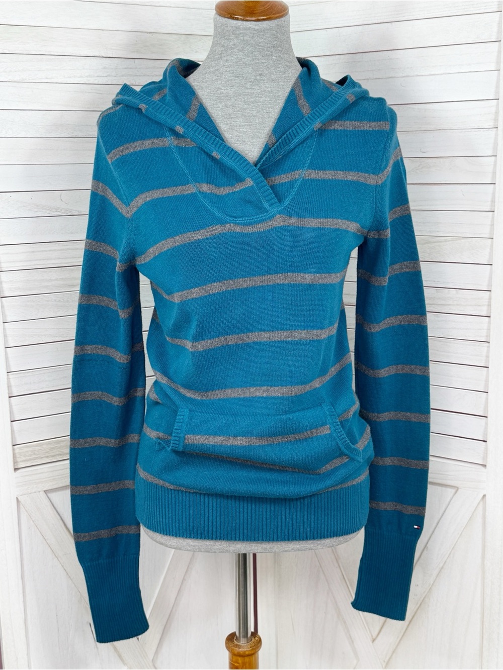 Tommy Hilfiger Y2K Striped Hoodie Sweater Teal Blue Grey Small Elbow Patch